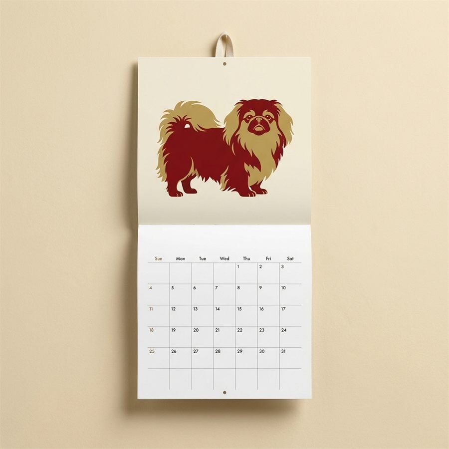 Wall calendar hanging open, an illustrated Pekingese above a printed month grid