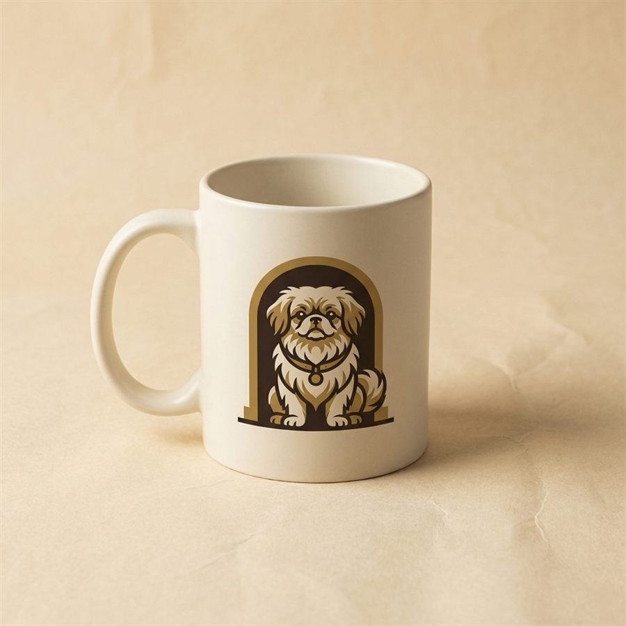 Matte cream mug printed with a Pekingese standing guard in a doorway like a temple lion