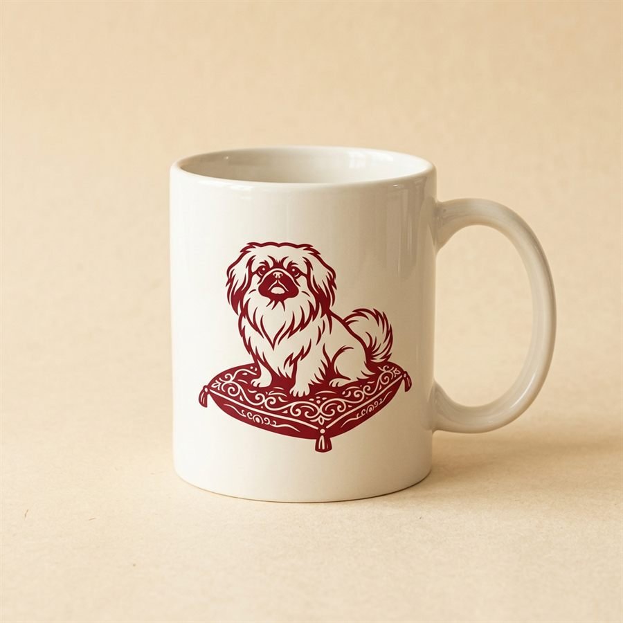 Cream ceramic mug printed with a deep red illustration of a Pekingese seated on a tasselled cushion