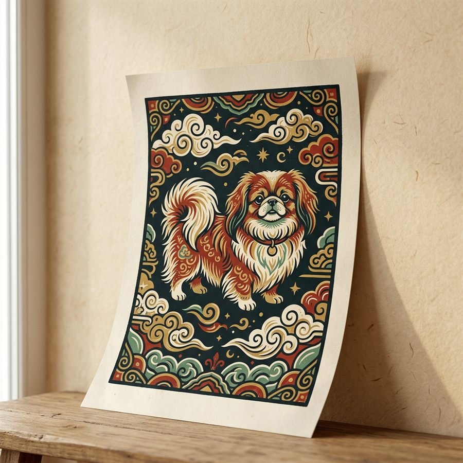 Art print of a Pekingese among stylised clouds, leaning against a parchment wall