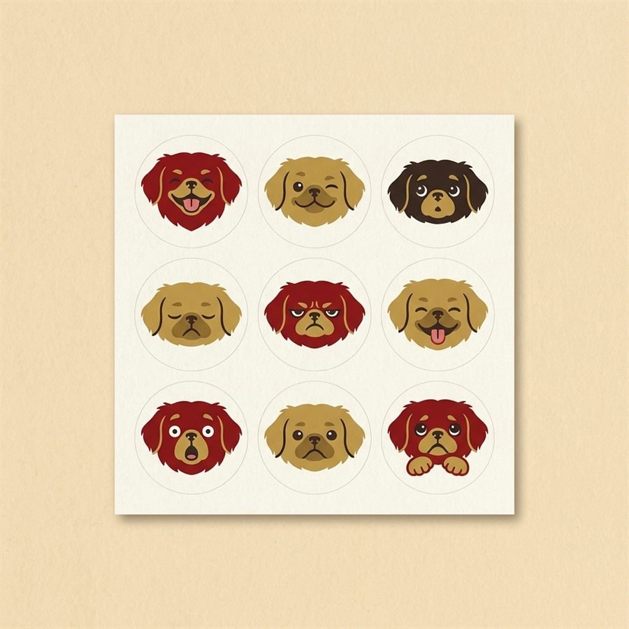 Square sticker sheet printed with a three by three grid of illustrated Pekingese faces